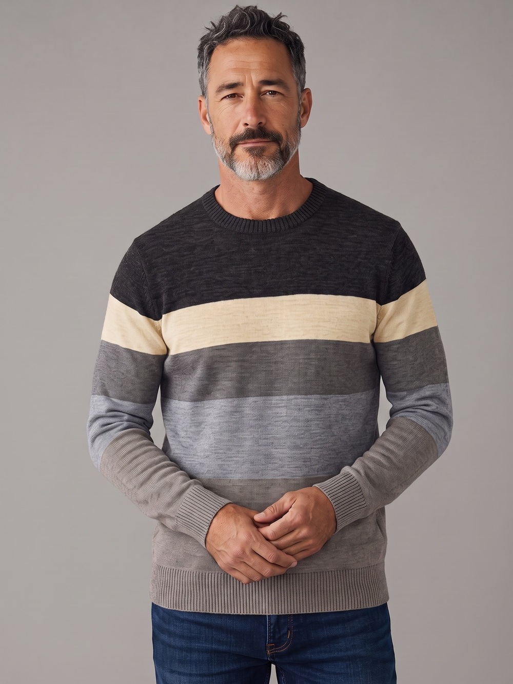 Tricots St. Raphael Gray, Brown & Cream Striped Crewneck Sweater - Picture 9 of 9